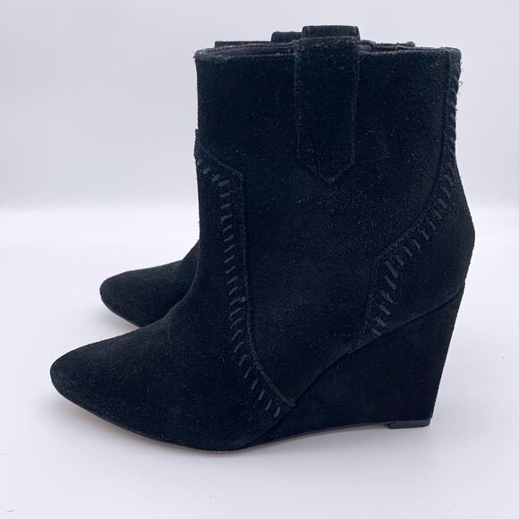 Rebecca Minkoff Bianca Black Suede Wedge Booties Distressed Tonal Stitched 6 M - Picture 5 of 12